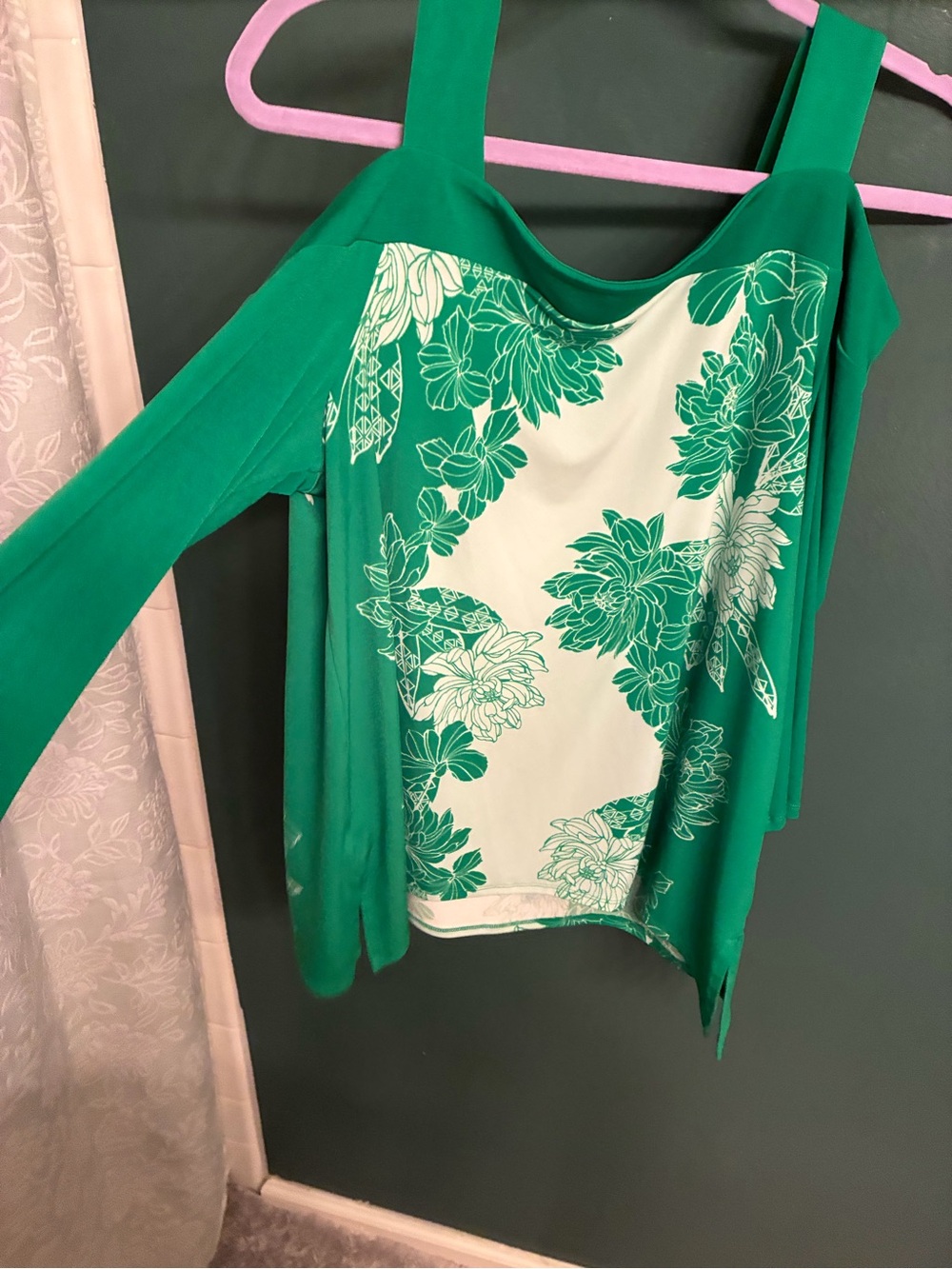 JM Collection Green and Cream Floral Cold-Shoulder Tank